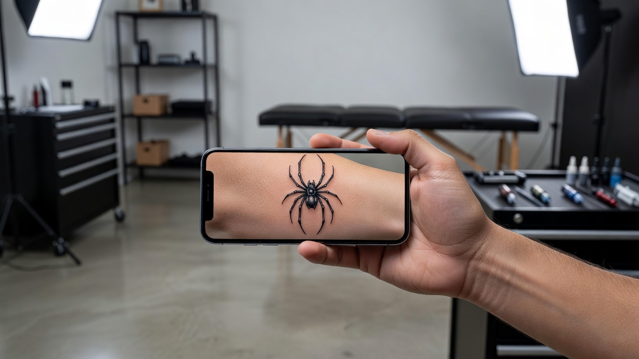 Person previewing a spider tattoo design on their own forearm using a phone, spider tattoo preview