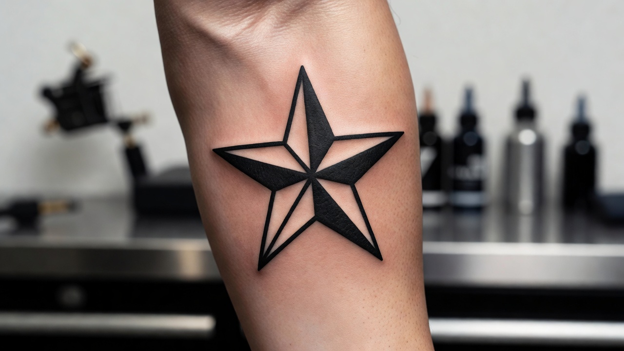 Tatuaje tradicional de estrella náutica en trazo negro grueso en el antebrazo