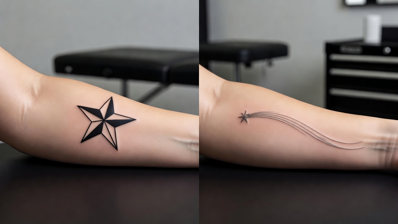 Diseños de tatuaje de estrella náutica y estrella fugaz mostrados juntos ilustrando cómo el diseño cambia el significado