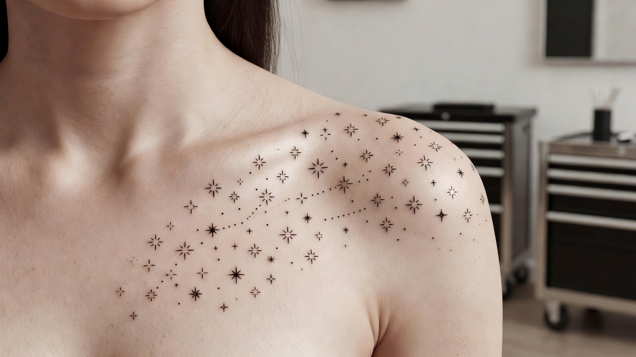 Racimo de tatuajes de estrella disperso a lo largo de la clavícula y el hombro que se asemeja a una constelación