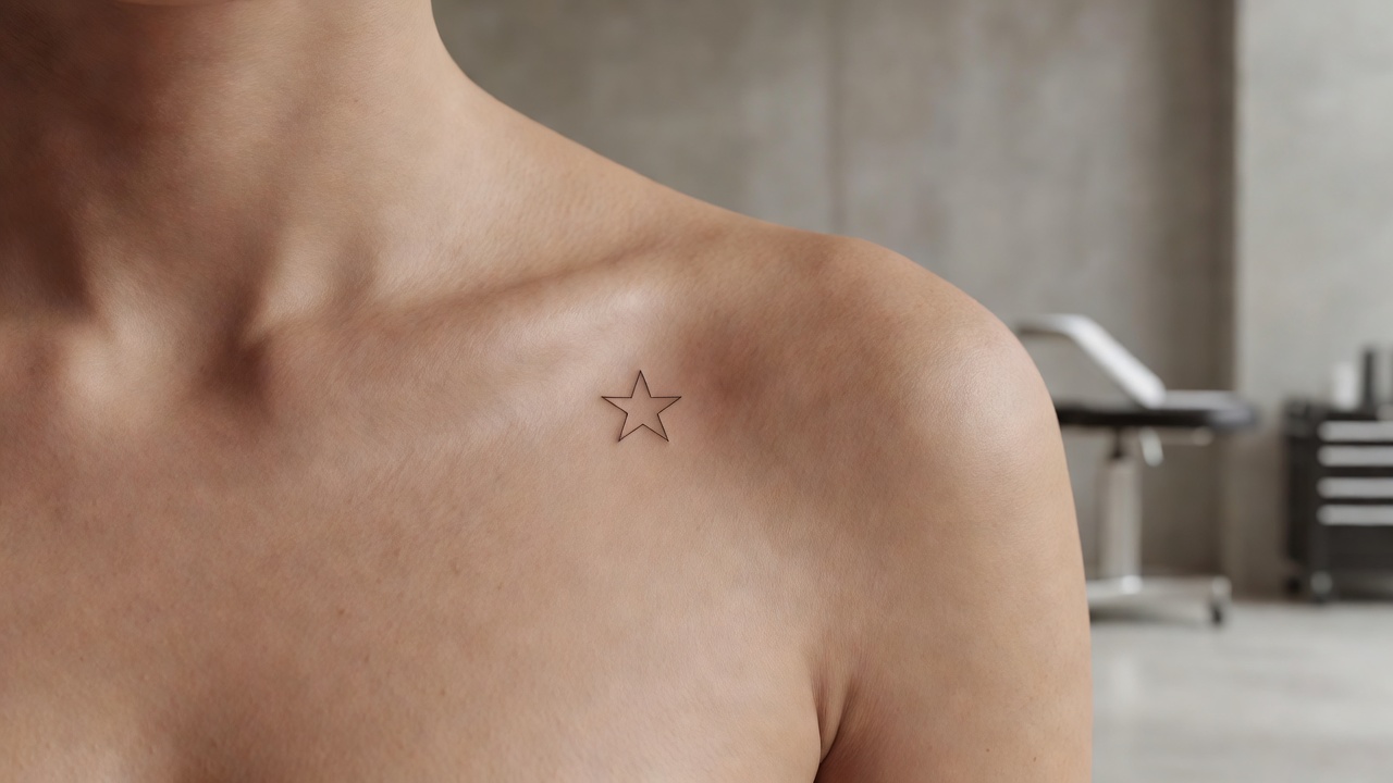 Pequeño tatuaje de estrella en la clavícula que representa esperanza e individualidad