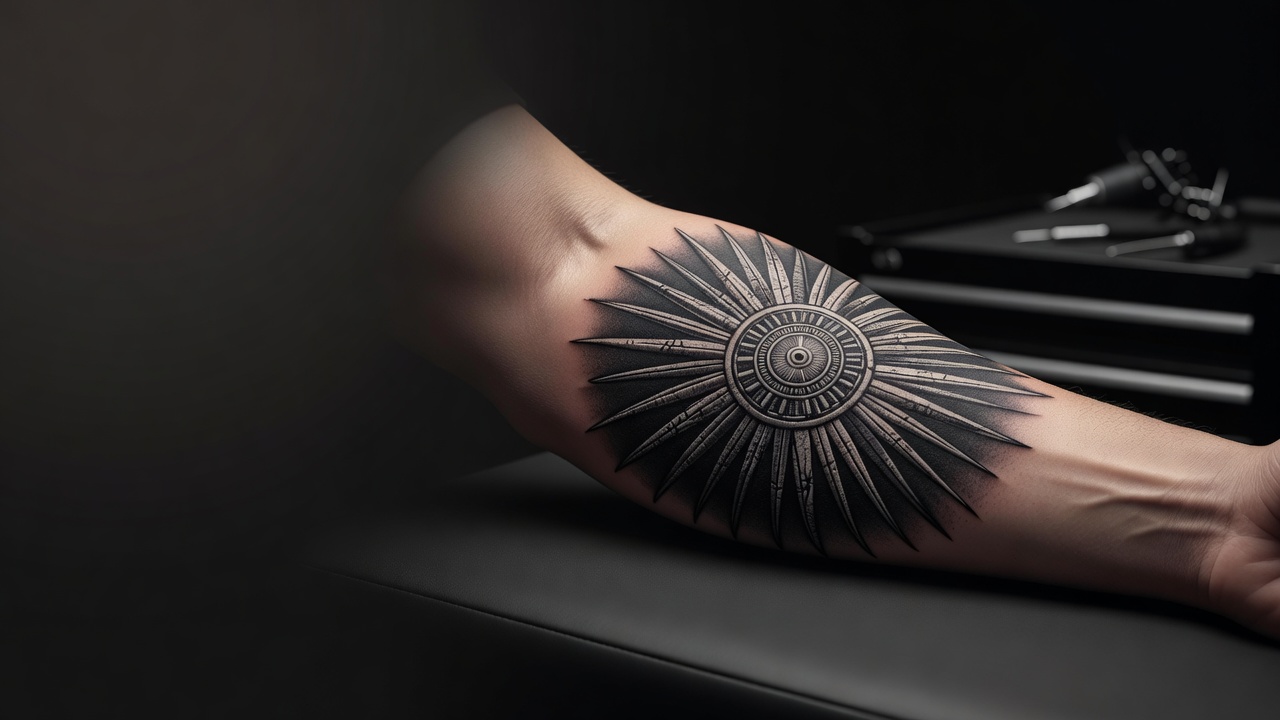 Tatuaje detallado en blanco y negro de un disco solar egipcio e imaginería radiante de deidad solar en el antebrazo