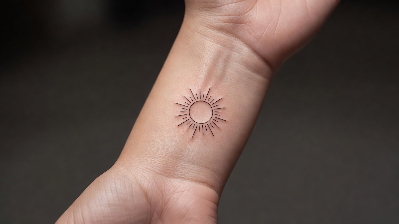 Tatuaje de sol minimalista de línea fina colocado en la muñeca que muestra una ubicación pequeña popular