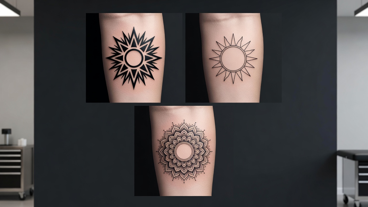 Tres variaciones de estilo de tatuaje de sol que muestran diseños tribal geométrico, minimalista de línea fina y estilo mandala