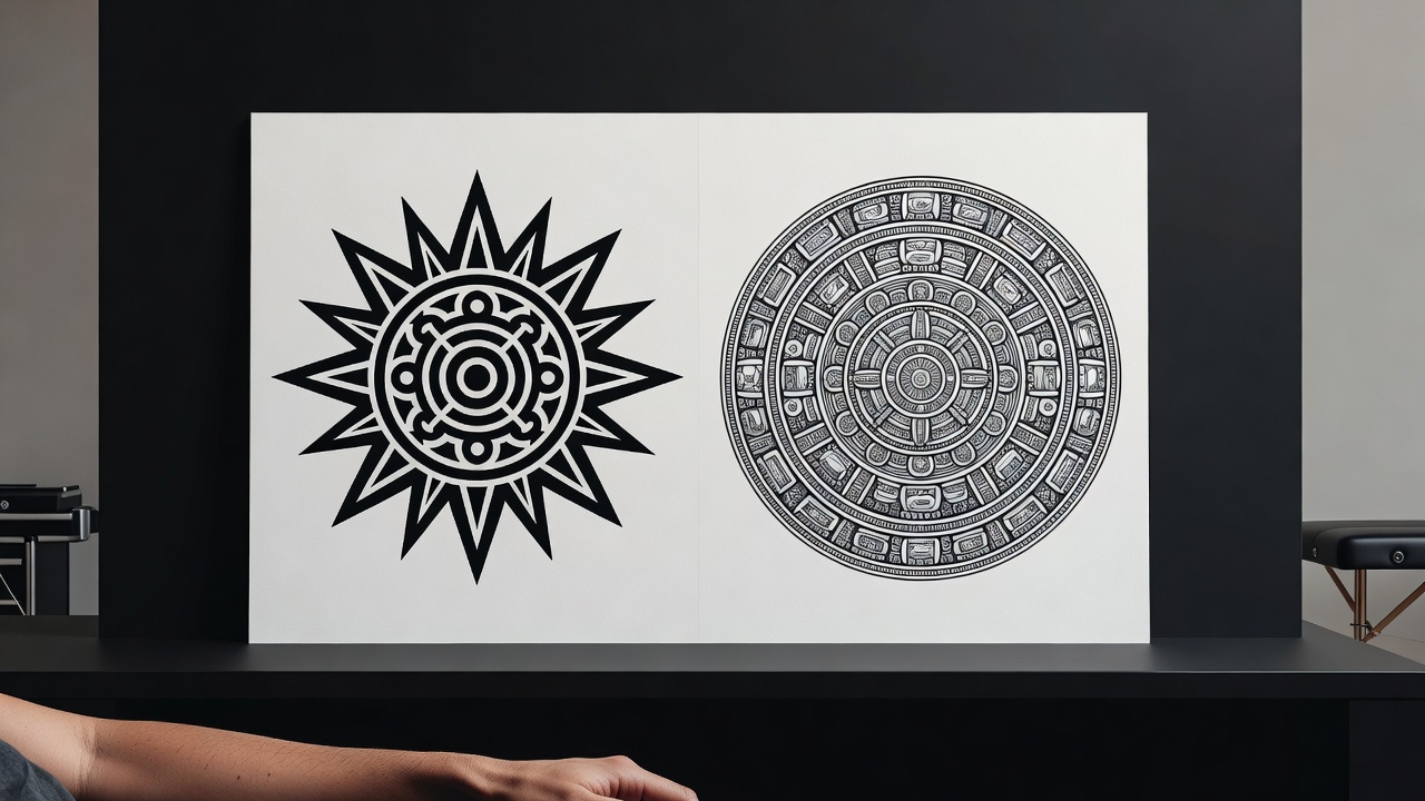 Diseño de tatuaje de sol geométrico tribal junto a un tatuaje de piedra del sol azteca que muestra un trazo audaz y detalle cultural