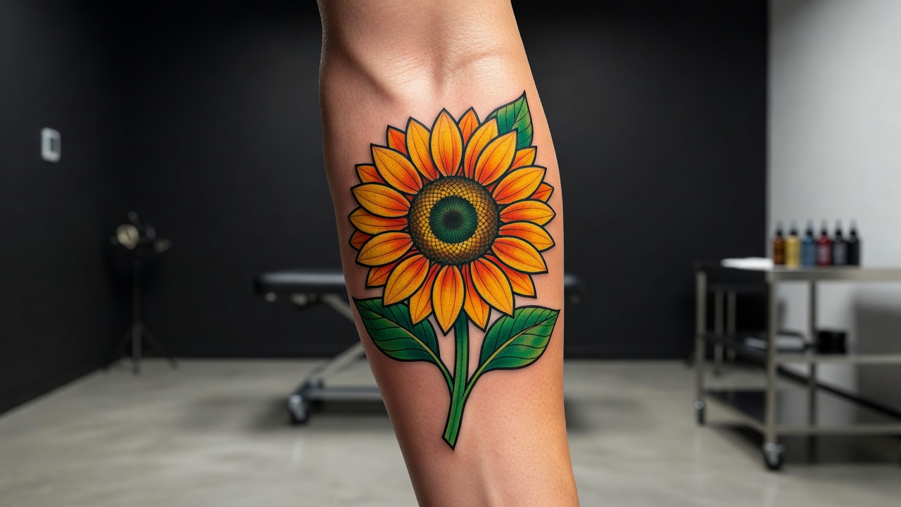 Tatuaggio girasole neo-traditional colorato sulla parte alta del braccio, idea di disegno per un tatuaggio girasole