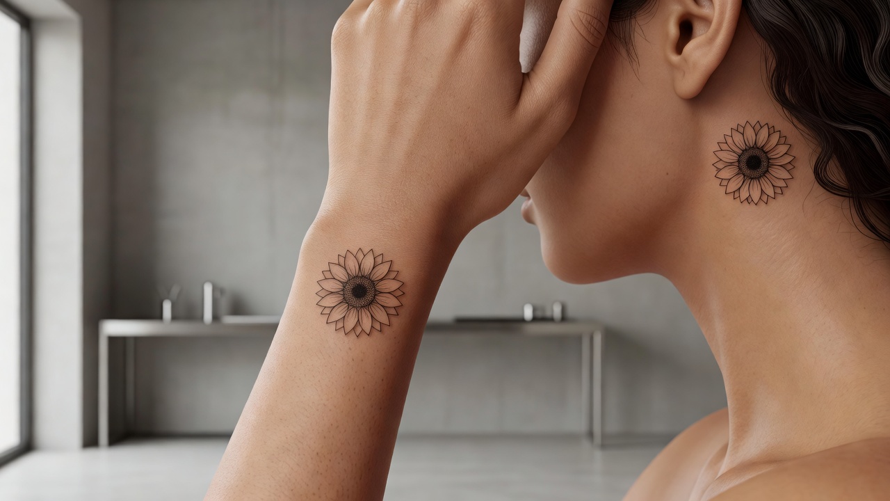 Piccoli tatuaggi girasole a linea sottile su polso e dietro l'orecchio, idee per la posizione di un piccolo tatuaggio girasole