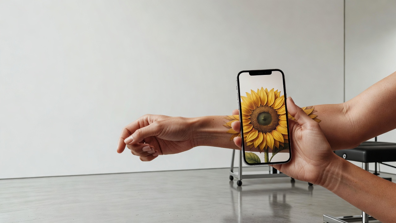 Anteprima di un tatuaggio girasole sull'avambraccio con lo smartphone prima di rivolgersi a un tatuatore