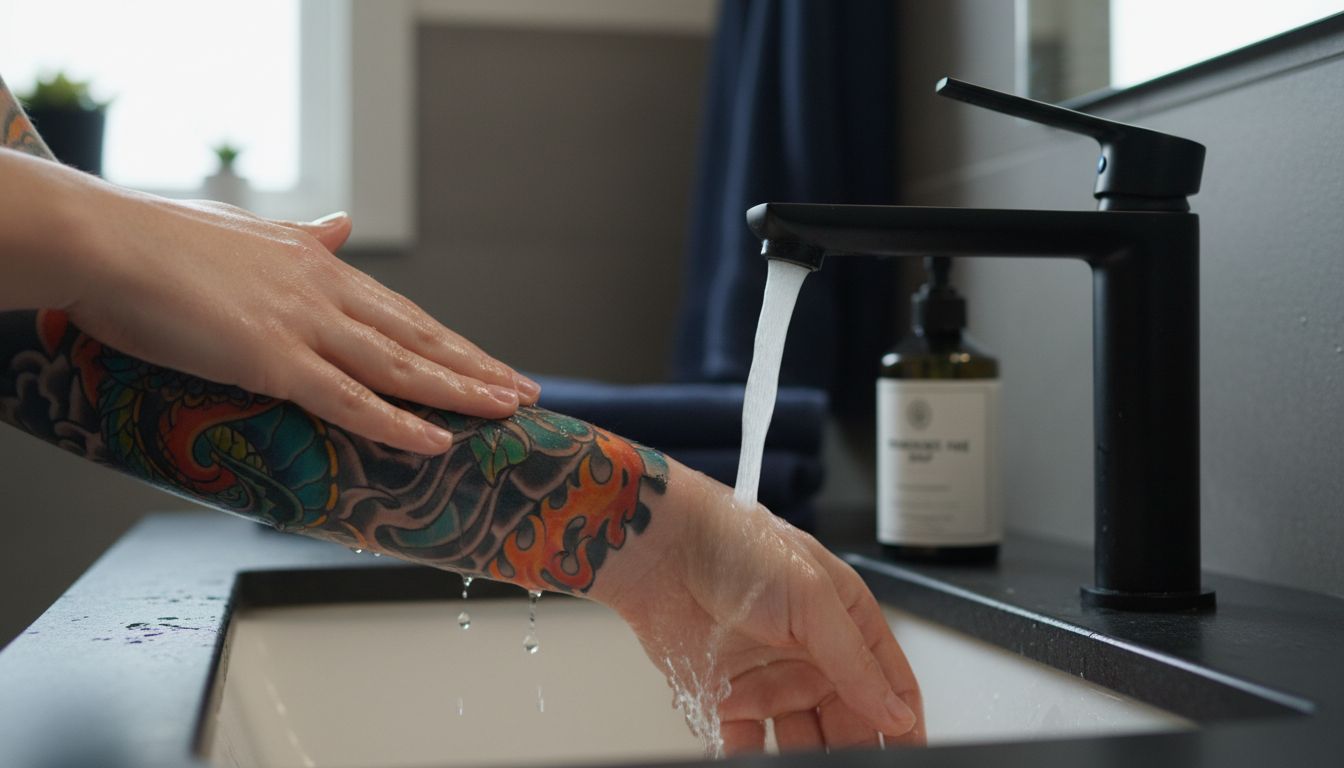 Proper technique for gently washing a fresh tattoo with fragrance-free soap