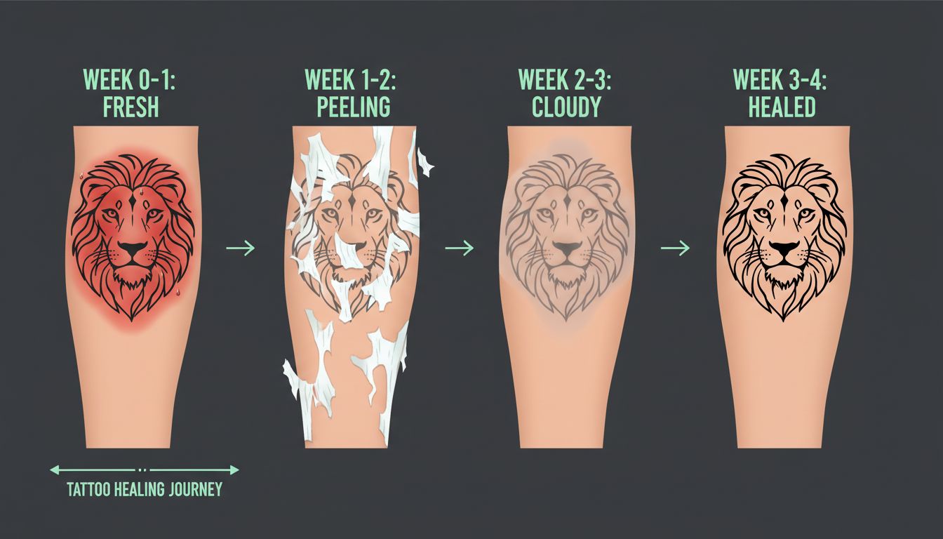 Timeline infographic showing the four stages of tattoo healing from fresh to fully healed