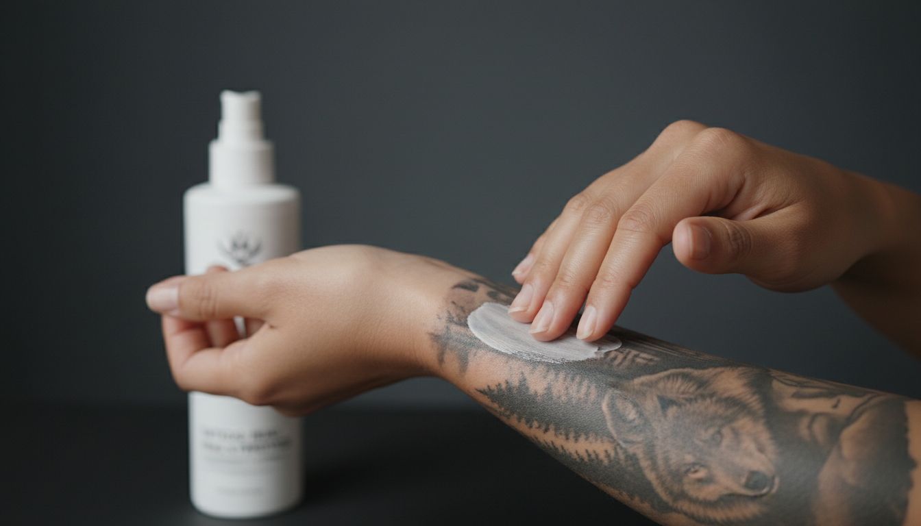 Proper application of thin layer of unscented moisturizer on healing tattoo