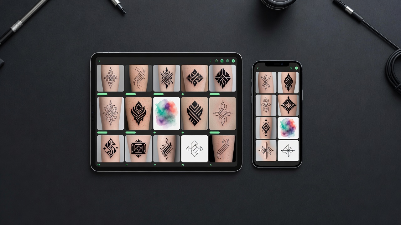 Tattoo-Design-App mit einem Raster KI-generierter Tattoo-Stile, darunter Fineline-, Blackwork-, Aquarell- und geometrische Designs