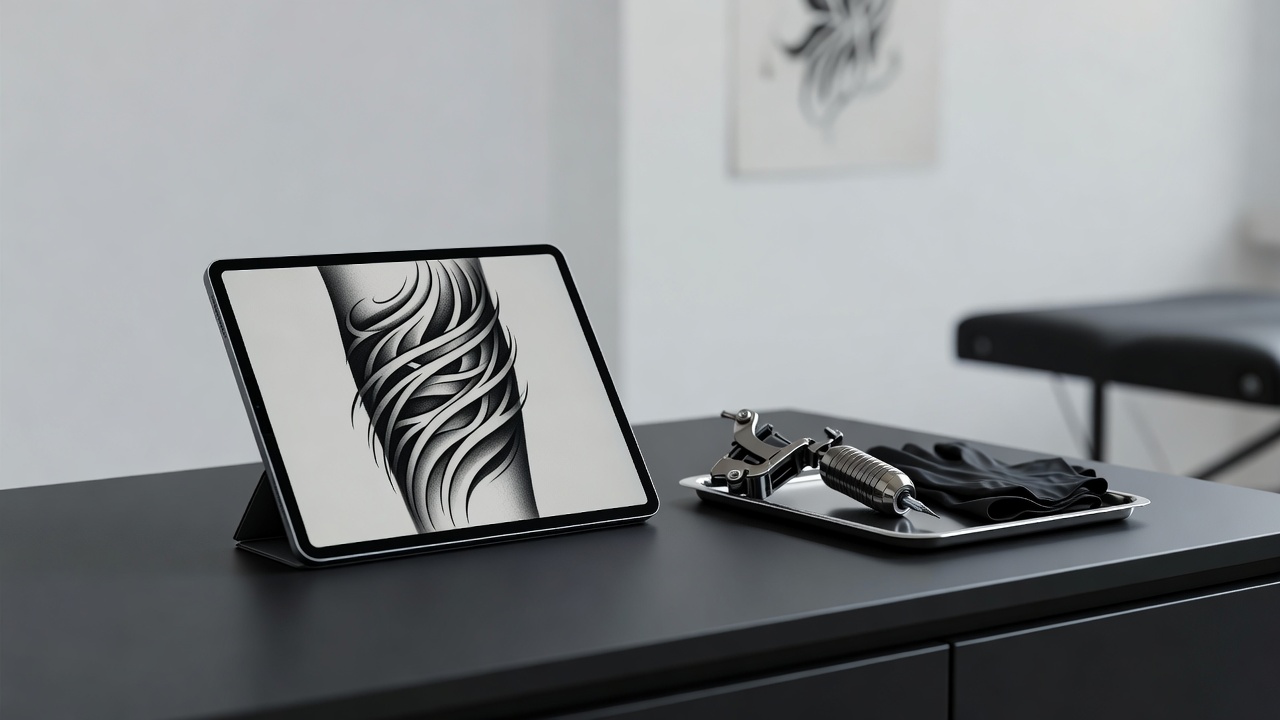 Aus einer App exportiertes Tattoo-Design in hoher Auflösung, auf einem Tablet neben Tattoo-Ausrüstung als Artist-Referenz angezeigt
