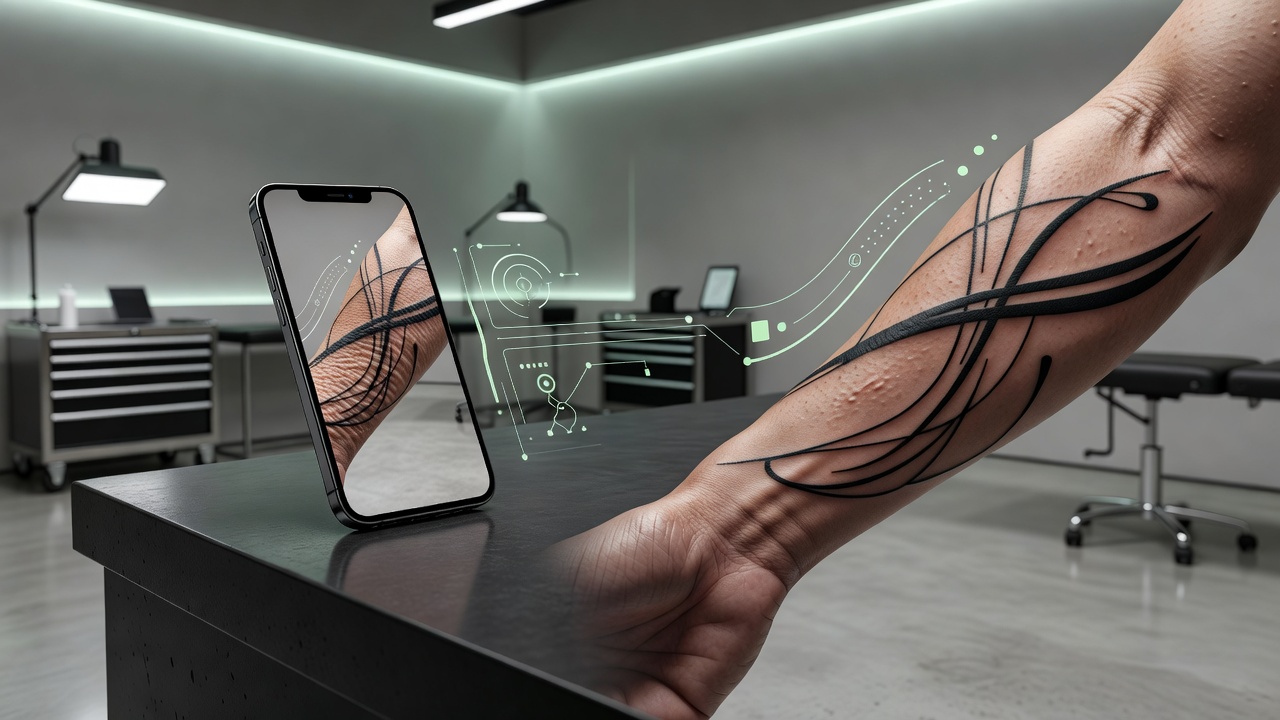 Tattoo-Design-App, die ein hochgeladenes Referenzfoto auf einem Smartphone in ein individuelles KI-Tattoo-Design umwandelt