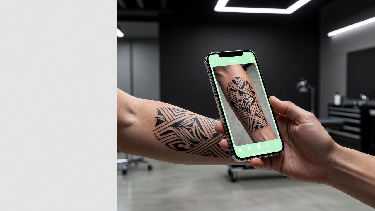 AR-Tattoo-Anprobe in einer Design-App, die ein individuelles KI-Tattoo-Design in echter Größe auf einen Unterarm legt, um Größe und Platzierung zu prüfen