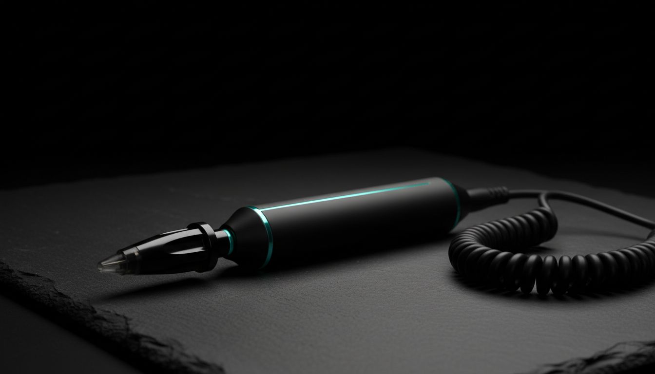 Modern tattoo machine close up on a tattoo artist workstation with ink and needles