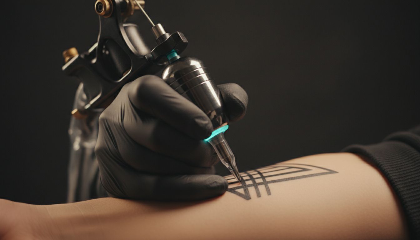 Pen style tattoo machine being held by a tattoo artist working on a forearm tattoo