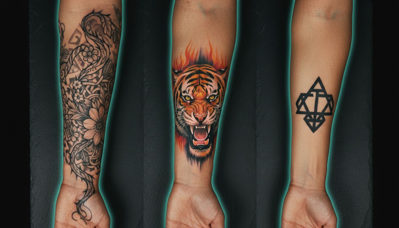 Modern 2026 tattoo trends shown on multiple arms including AI designed and micro realism pieces