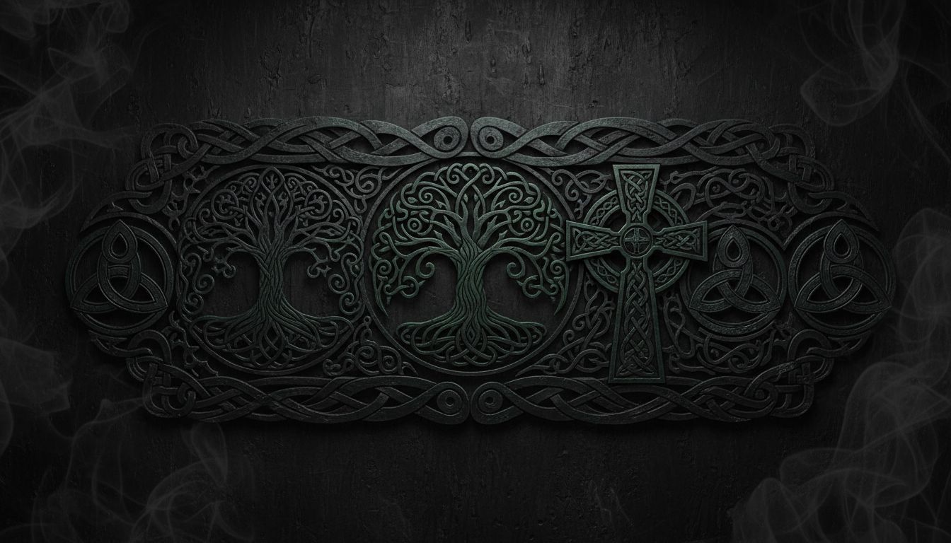 Celtic knot work and tribal designs with eternal knots, tree of life, and intricate interlacing