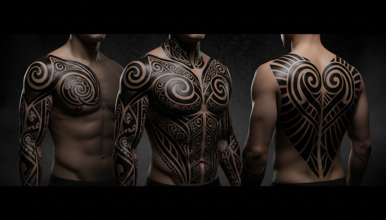 Traditional Maori ta moko inspired designs with koru spirals and facial tattoo patterns