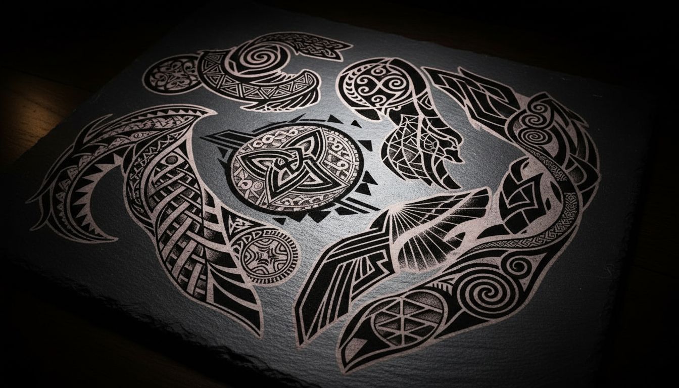 Modern tribal fusion tattoo designs combining traditional elements with contemporary style