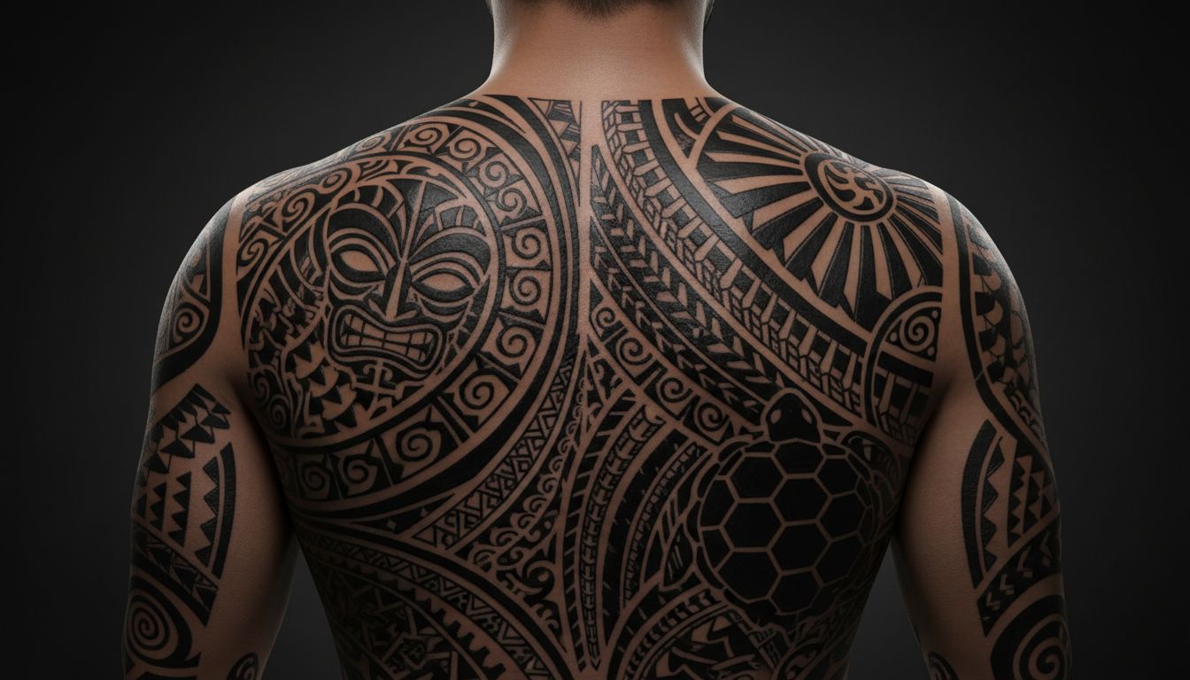 Authentic Polynesian tribal patterns with ocean waves, tiki elements, and traditional symbols