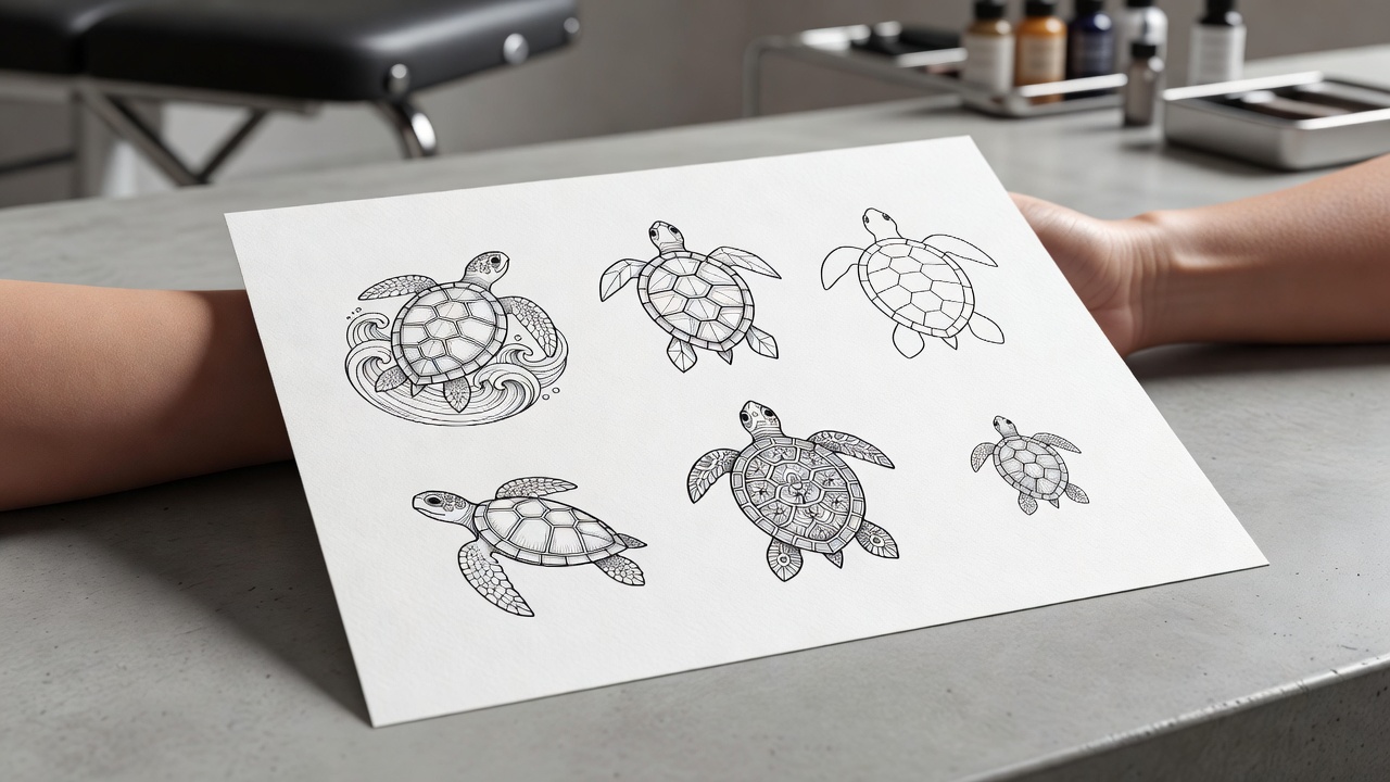 Flash sheet di design di tatuaggi tartaruga: tartaruga marina, tartaruga con guscio geometrico e contorno minimalista