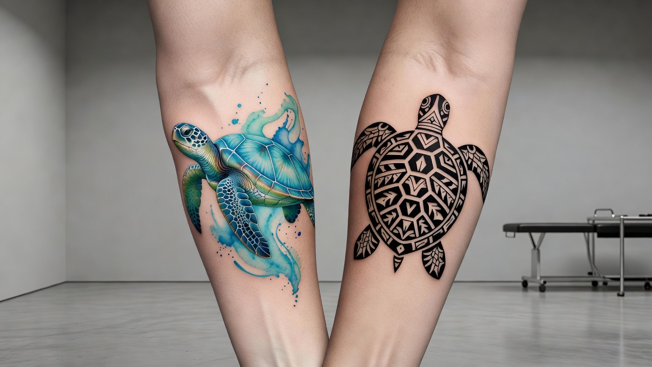 Confronto tra un tatuaggio di tartaruga marina ad acquerello e un tatuaggio di tartaruga blackwork in stile tribale