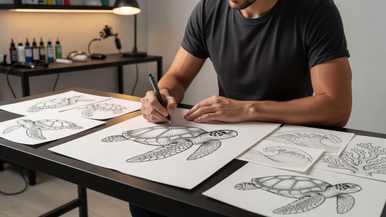 Tatuatore che disegna il bozzetto di una tartaruga marina alla scrivania dello studio, con riferimenti di disegni oceanici