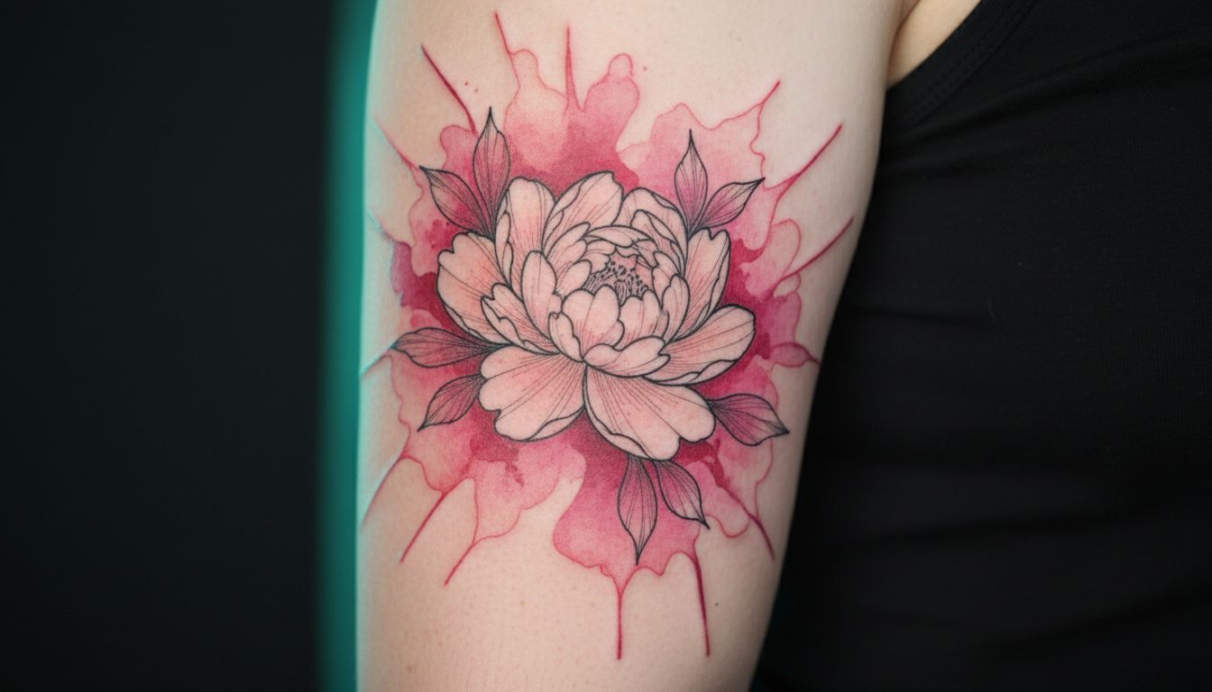 Hybrid watercolor tattoo design combining fine line black work with soft colored watercolor splashes