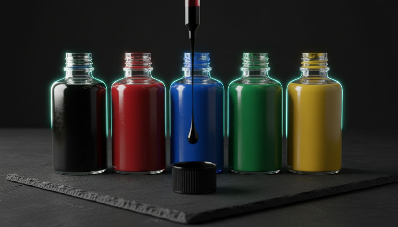 What is tattoo ink close up of colorful tattoo ink bottles arranged on a workstation