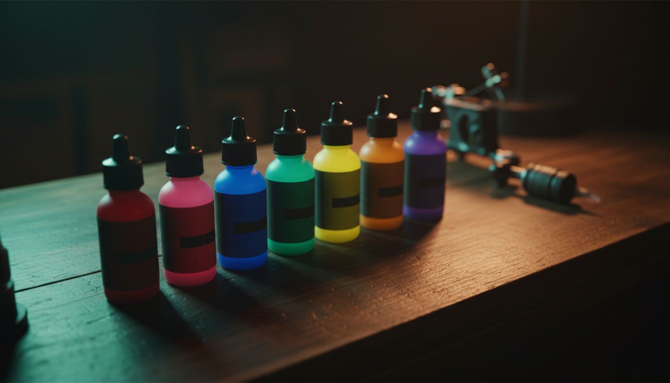 Tattoo ink pigment bottles in various colors lined up on a wooden surface in a tattoo studio