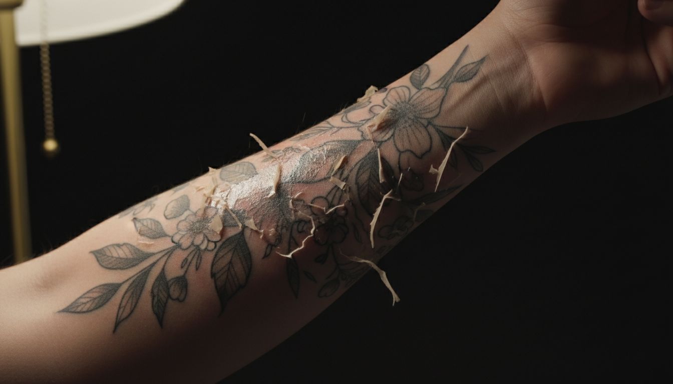 Healing tattoo on a forearm during the peeling and flaking stage of recovery
