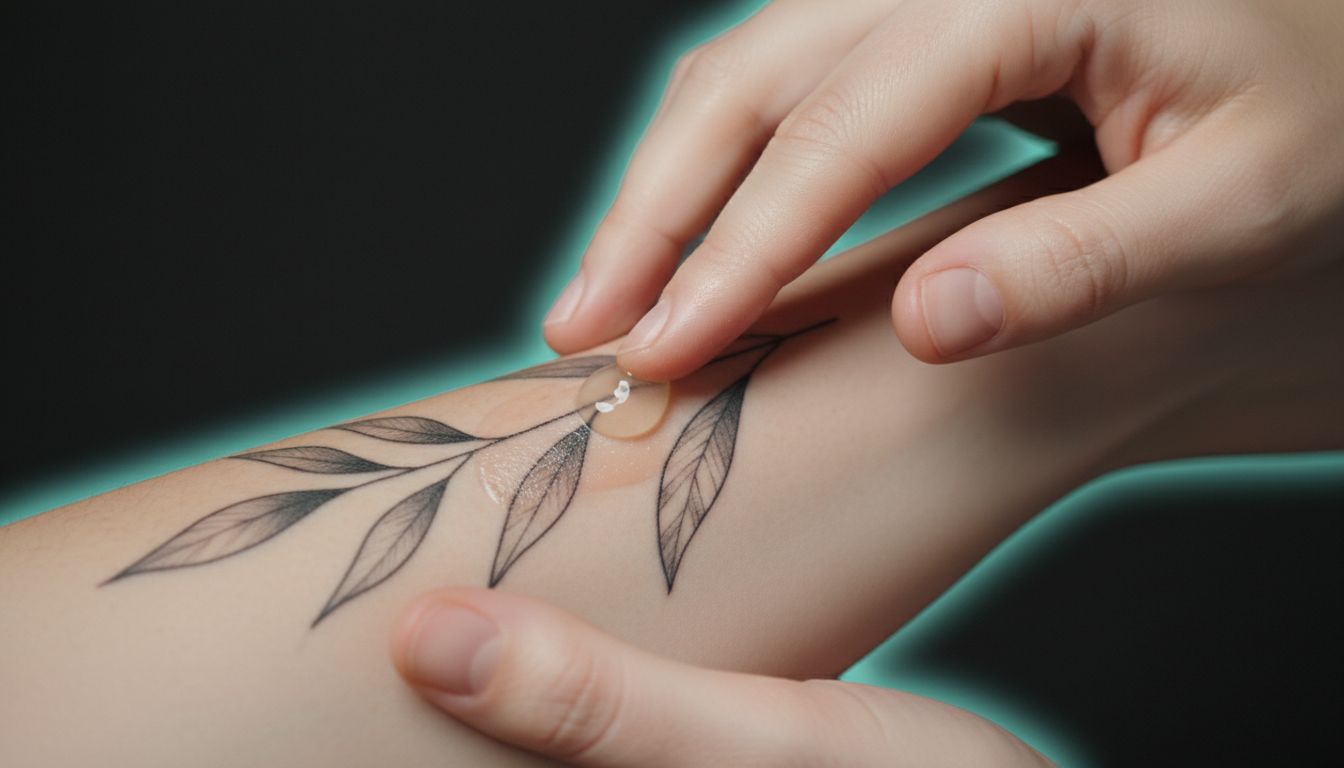 Hands applying tattoo aftercare moisturizer to a healing arm tattoo