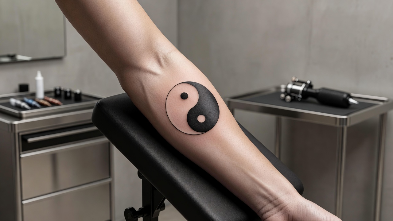 Tatuagem clássica do símbolo taijitu yin yang em preto e branco com detalhe de linha fina