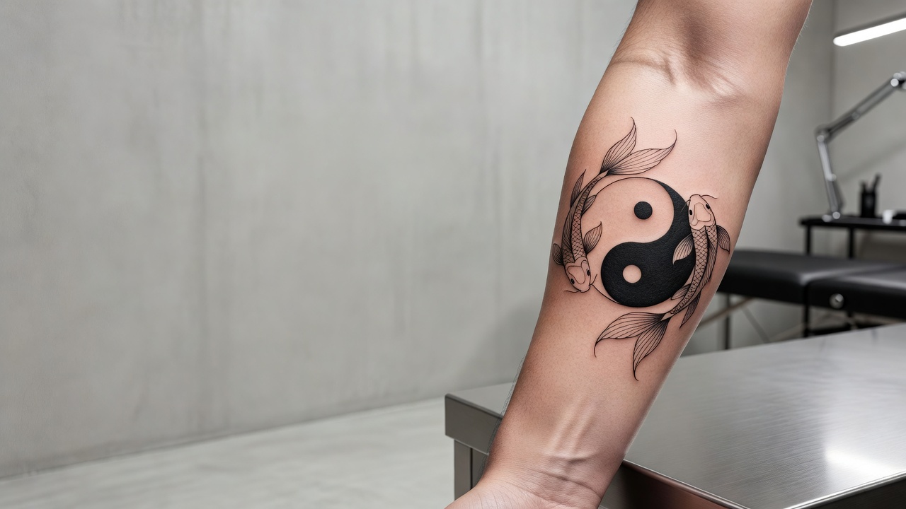 Tatuagem yin yang combinada com design de peixe koi simbolizando equilíbrio e perseverança