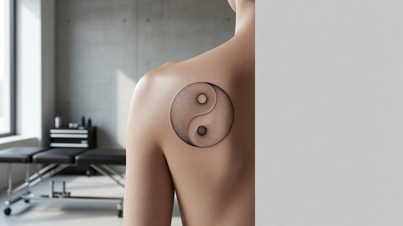 Tatuagem yin yang na escápula com detalhe de linha fina