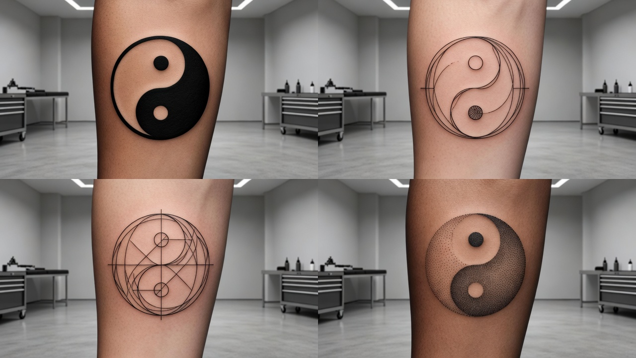 Grade de estilos de tatuagem yin yang incluindo blackwork, linha fina, geométrico e dotwork